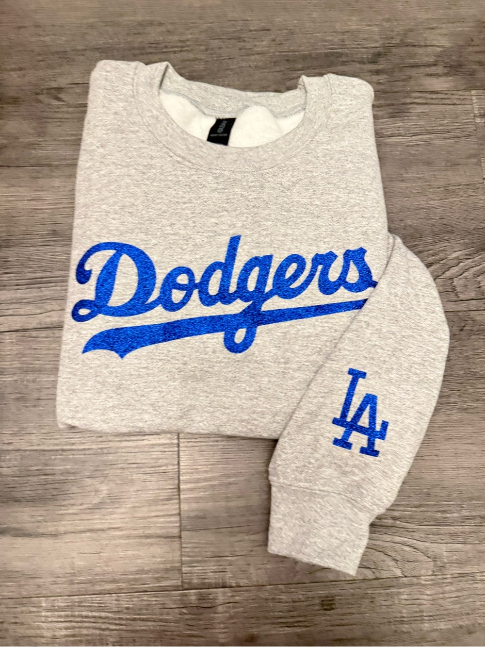 Ash Gray Crewneck Sweatshirt with Blue Dodgers Script